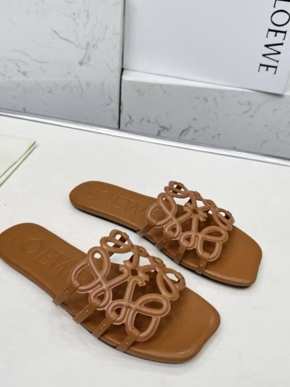 Loewe Tan Leather Anagram Slide Sandals